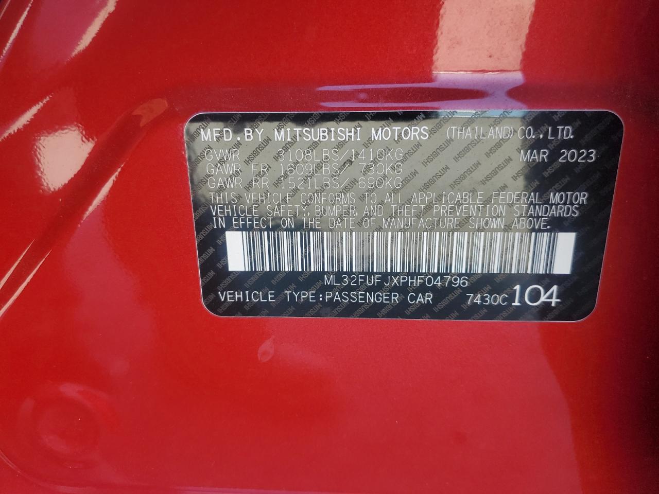 2023 Mitsubishi Mirage G4 Es VIN: ML32FUFJXPHF04796 Lot: 71624635