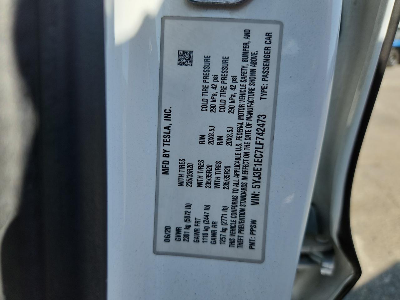 2020 Tesla Model 3 VIN: 5YJ3E1EC7LF742473 Lot: 71703715