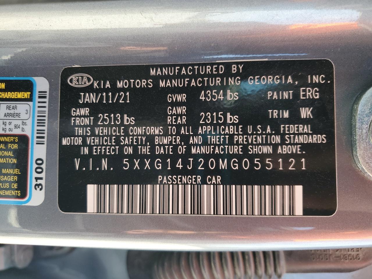 2021 Kia K5 Lxs VIN: 5XXG14J20MG055121 Lot: 80286815