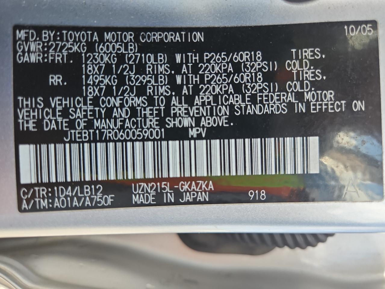 2006 Toyota 4Runner Limited VIN: JTEBT17R060059001 Lot: 80937145