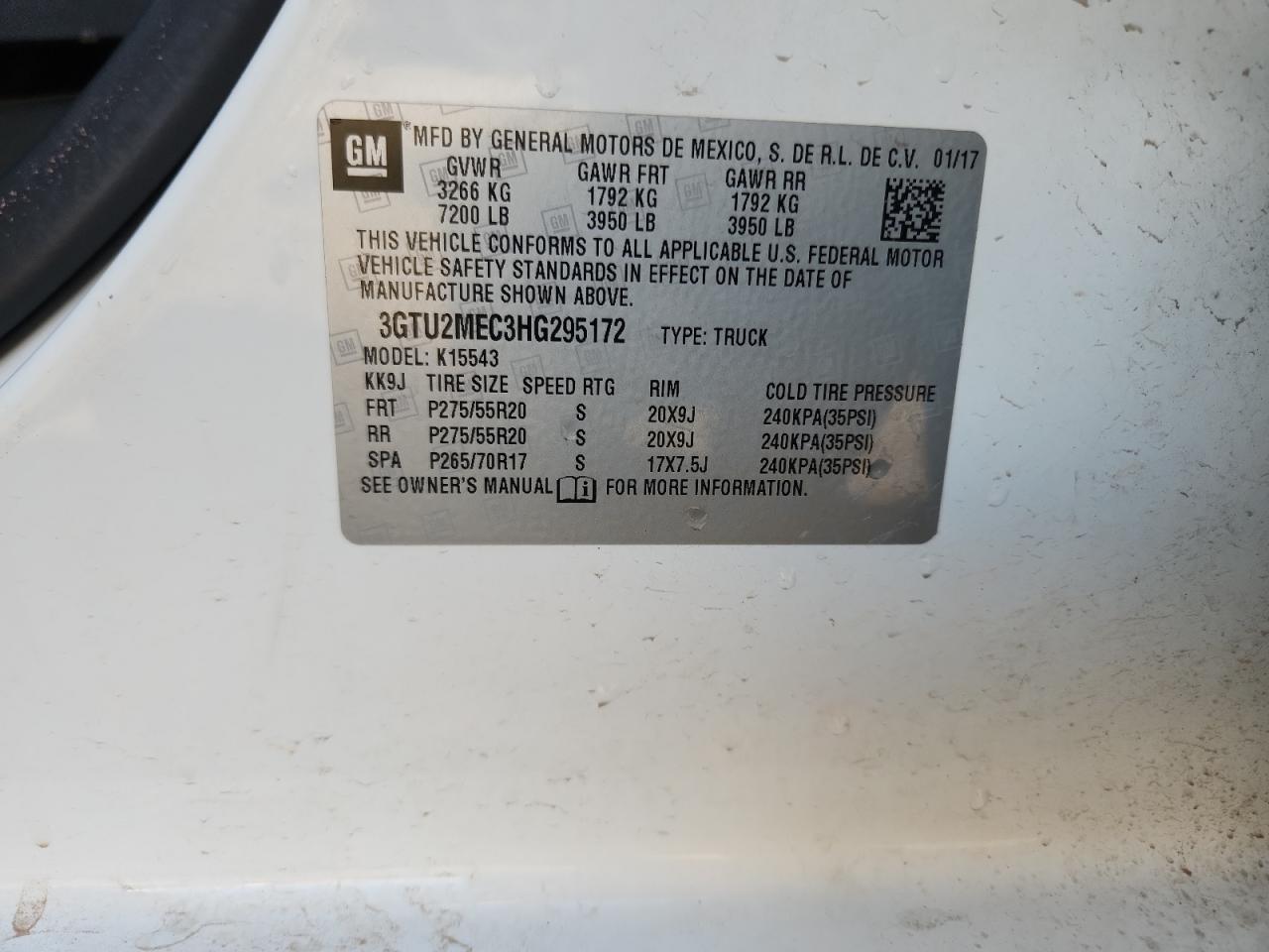 2017 GMC Sierra K1500 Sle VIN: 3GTU2MEC3HG295172 Lot: 80009955