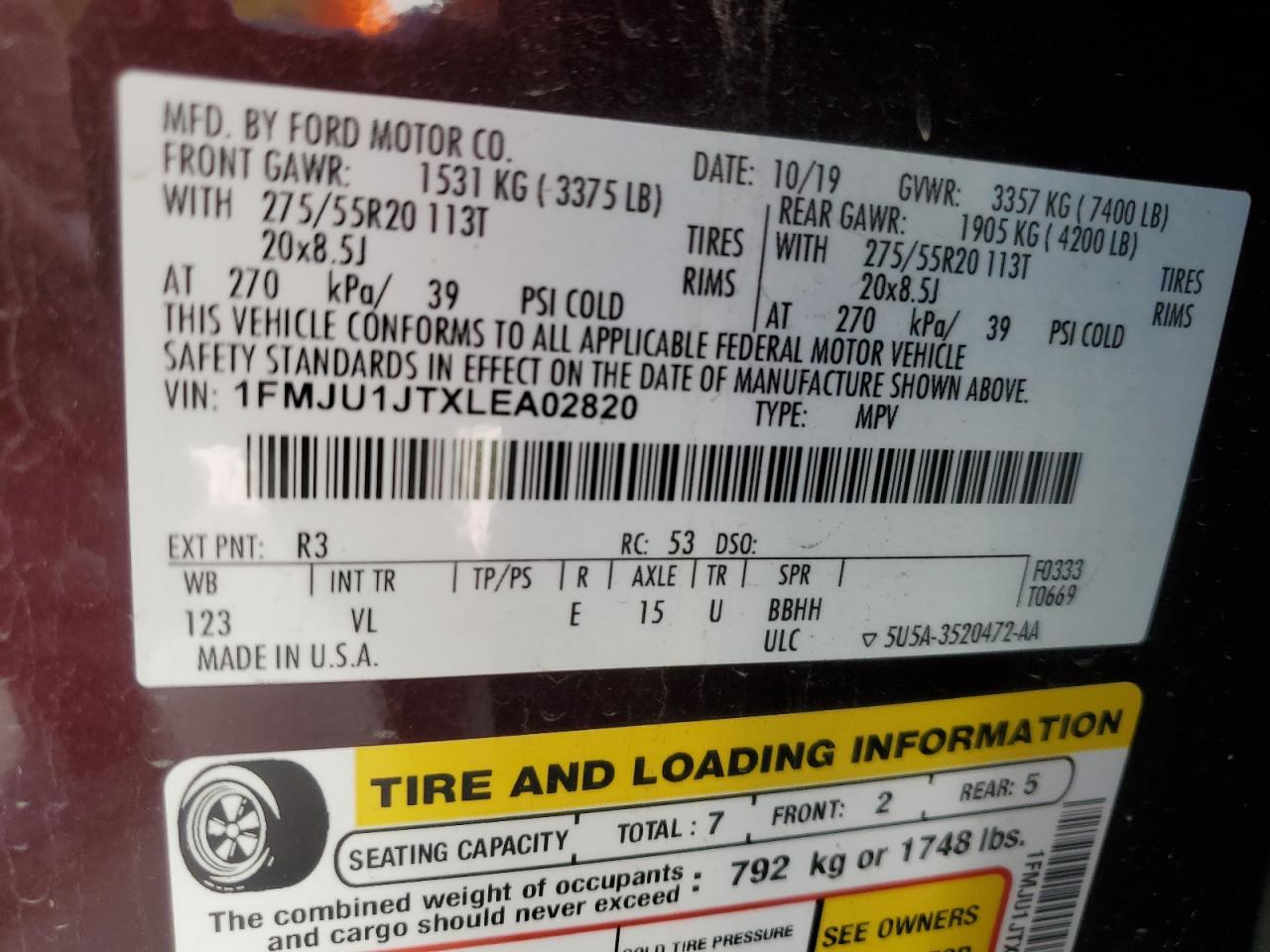 2020 Ford Expedition Xlt VIN: 1FMJU1JTXLEA02820 Lot: 80939535