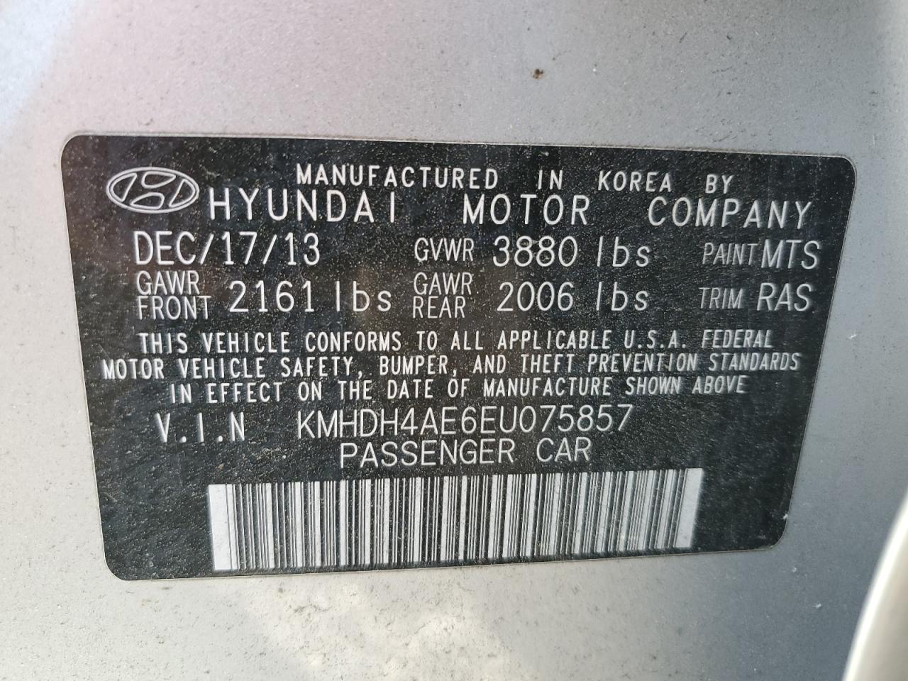 2014 Hyundai Elantra Se VIN: KMHDH4AE6EU075857 Lot: 81463325