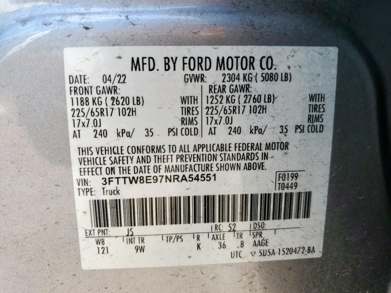 2022 Ford Maverick Xl VIN: 3FTTW8E97NRA54551 Lot: 82120215