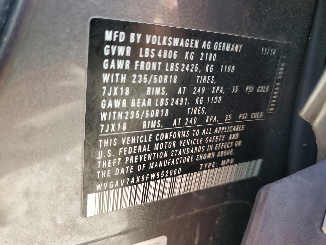 2015 Volkswagen Tiguan S VIN: WVGAV7AX9FW552060 Lot: 80737065