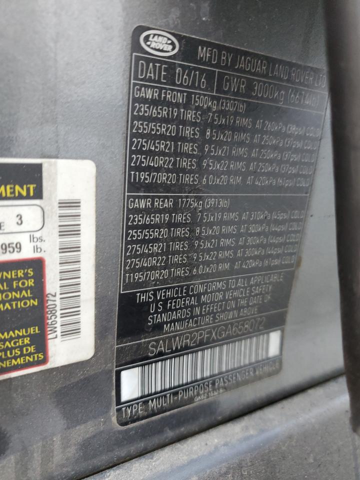 2016 Land Rover Range Rover Sport Hse VIN: SALWR2PFXGA658072 Lot: 83976875