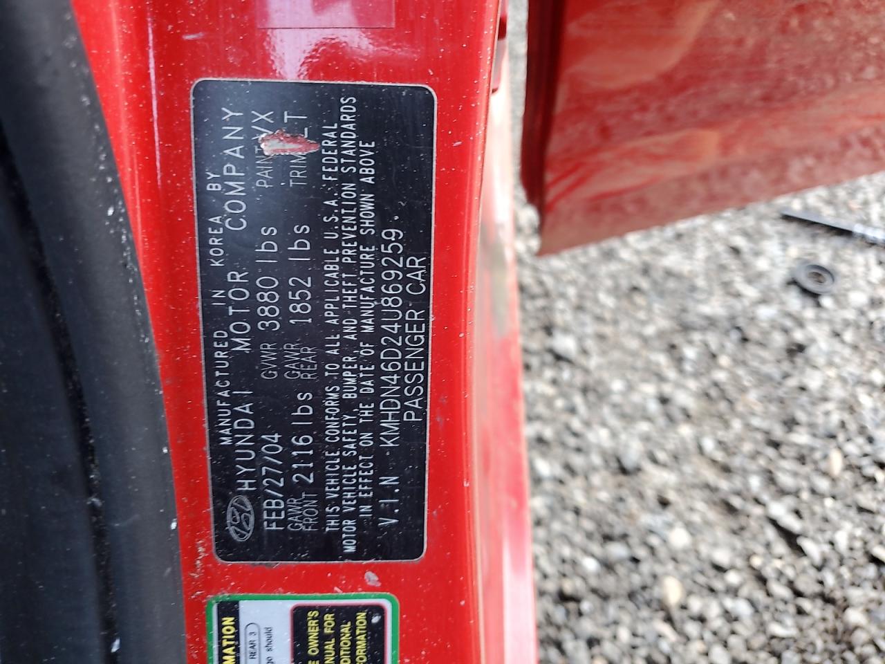 2004 Hyundai Elantra Gls VIN: KMHDN46D24U869259 Lot: 80948935