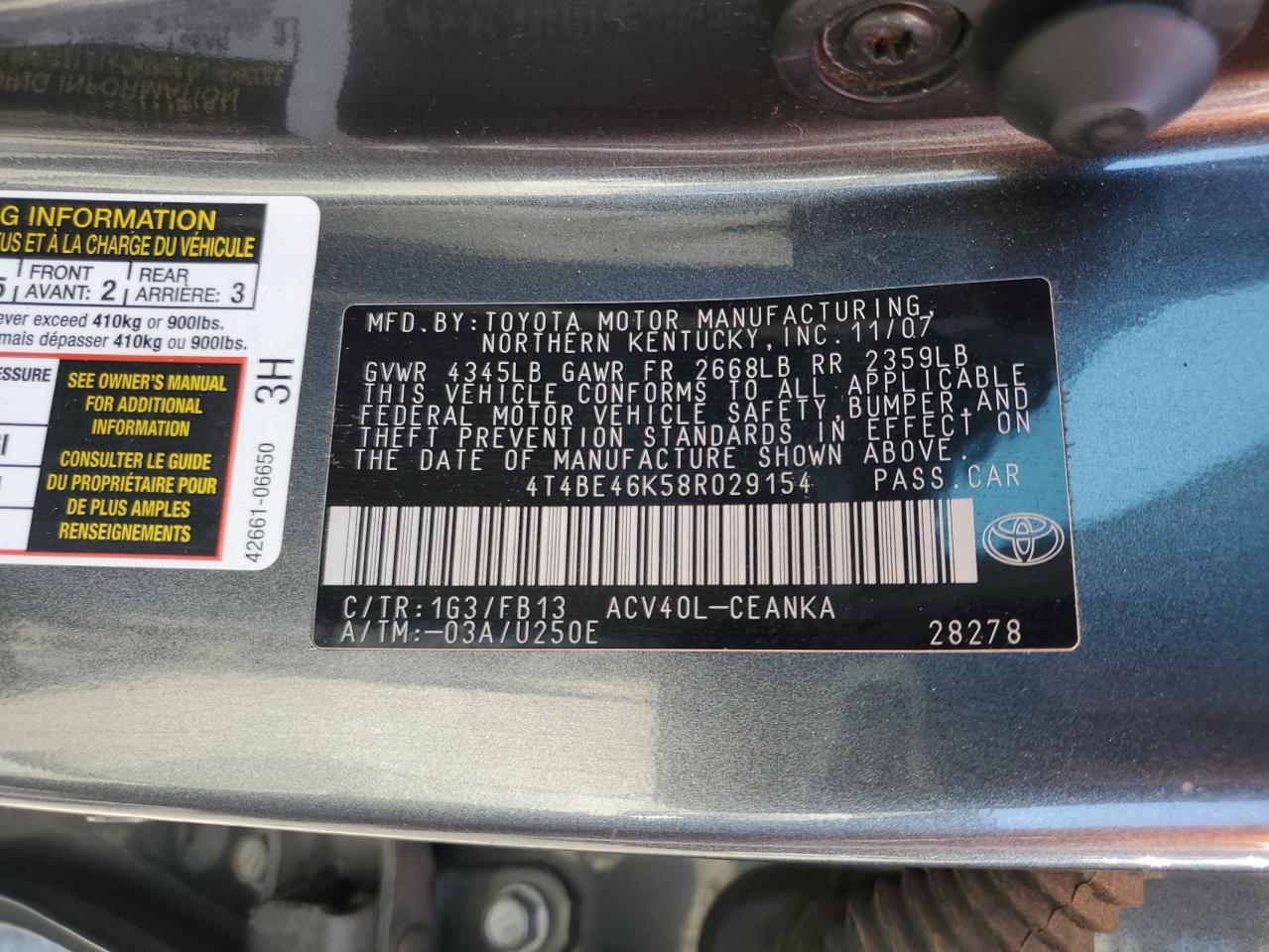 2008 Toyota Camry Ce VIN: 4T4BE46K58R029154 Lot: 71638645