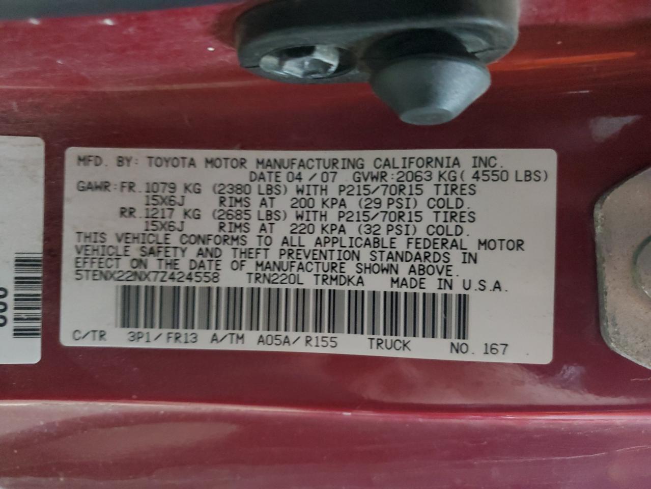 2007 Toyota Tacoma VIN: 5TENX22NX7Z424558 Lot: 81250525