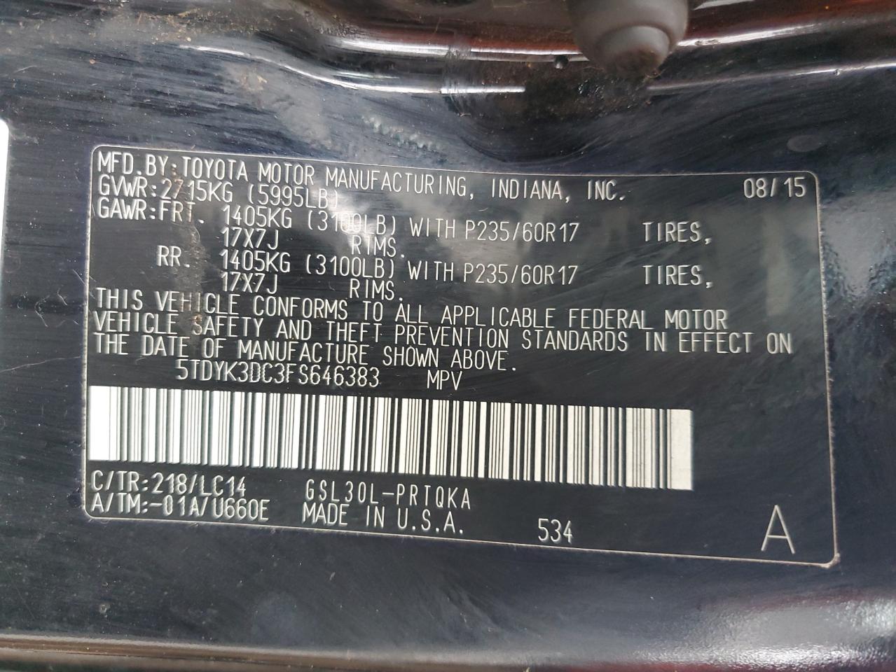 2015 Toyota Sienna Xle VIN: 5TDYK3DC3FS646383 Lot: 84017115