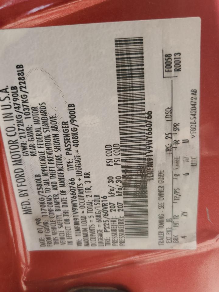 1998 Lincoln Mark Viii VIN: 1LNFM91V9WY660766 Lot: 83826355