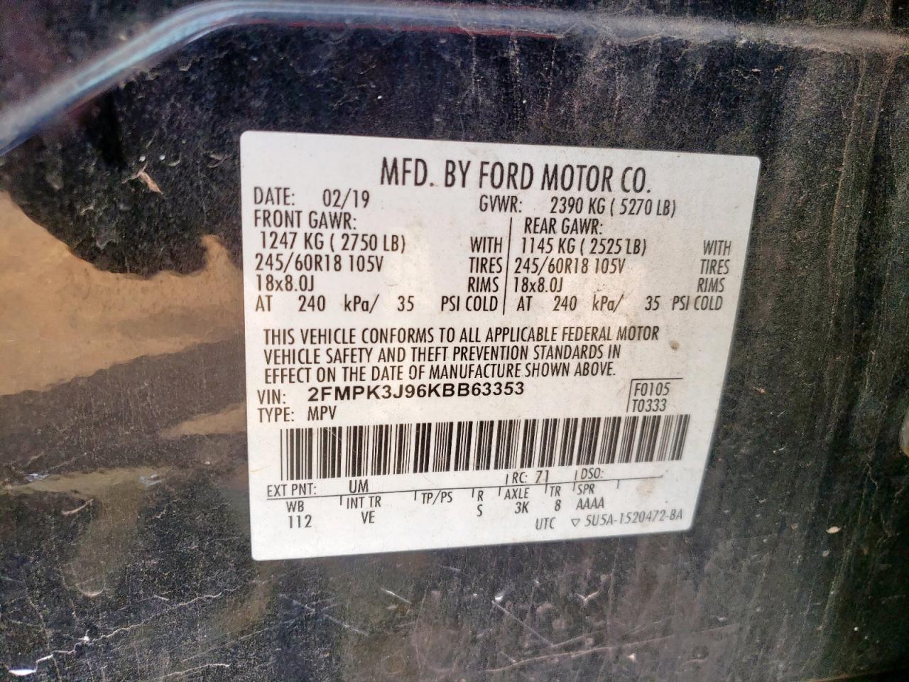 2019 Ford Edge Sel VIN: 2FMPK3J96KBB63353 Lot: 82049275