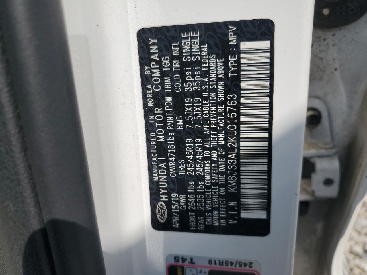 2019 Hyundai Tucson Limited VIN: KM8J33AL2KU016763 Lot: 80203385