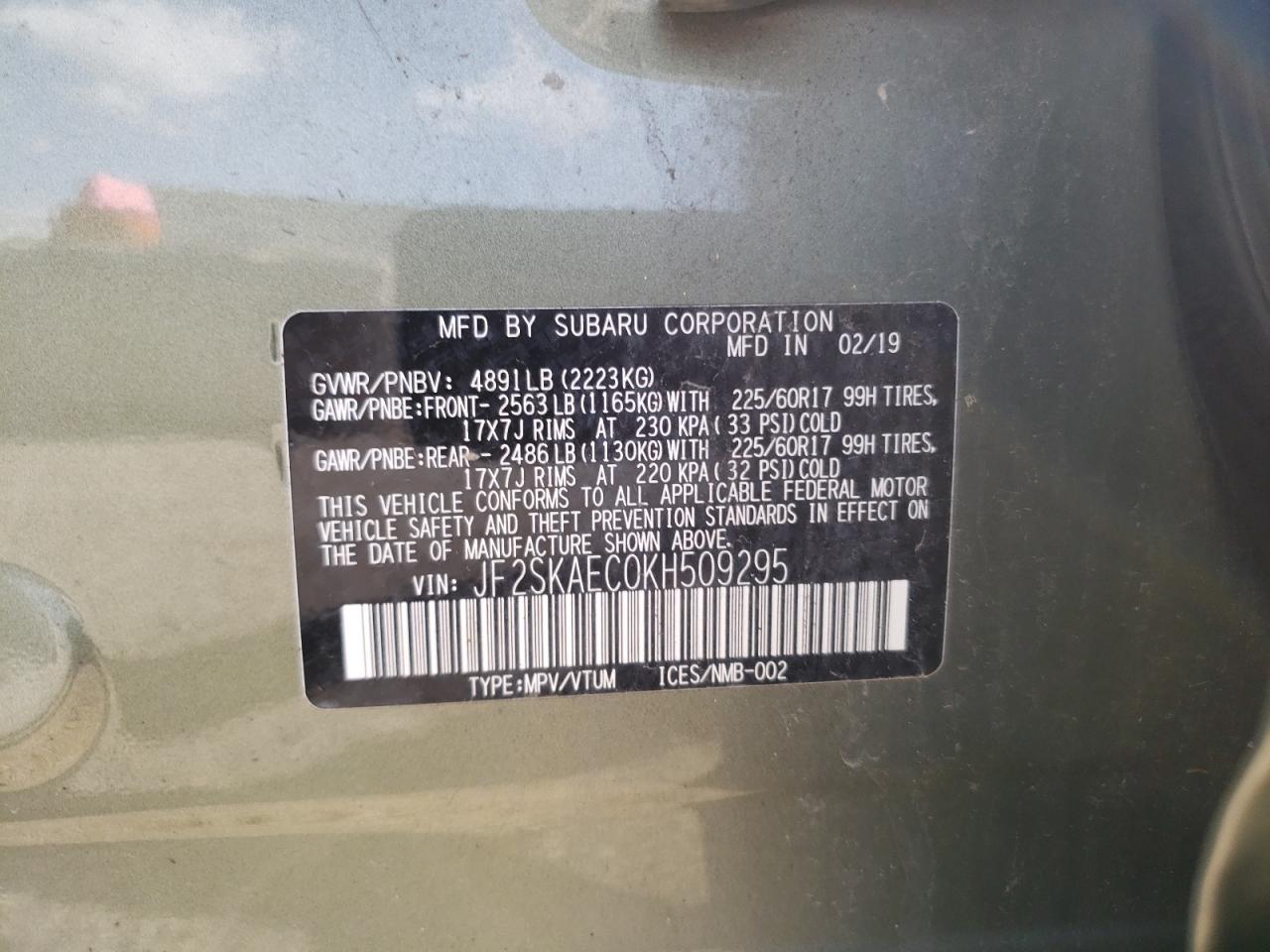2019 Subaru Forester Premium VIN: JF2SKAEC0KH509295 Lot: 84220245