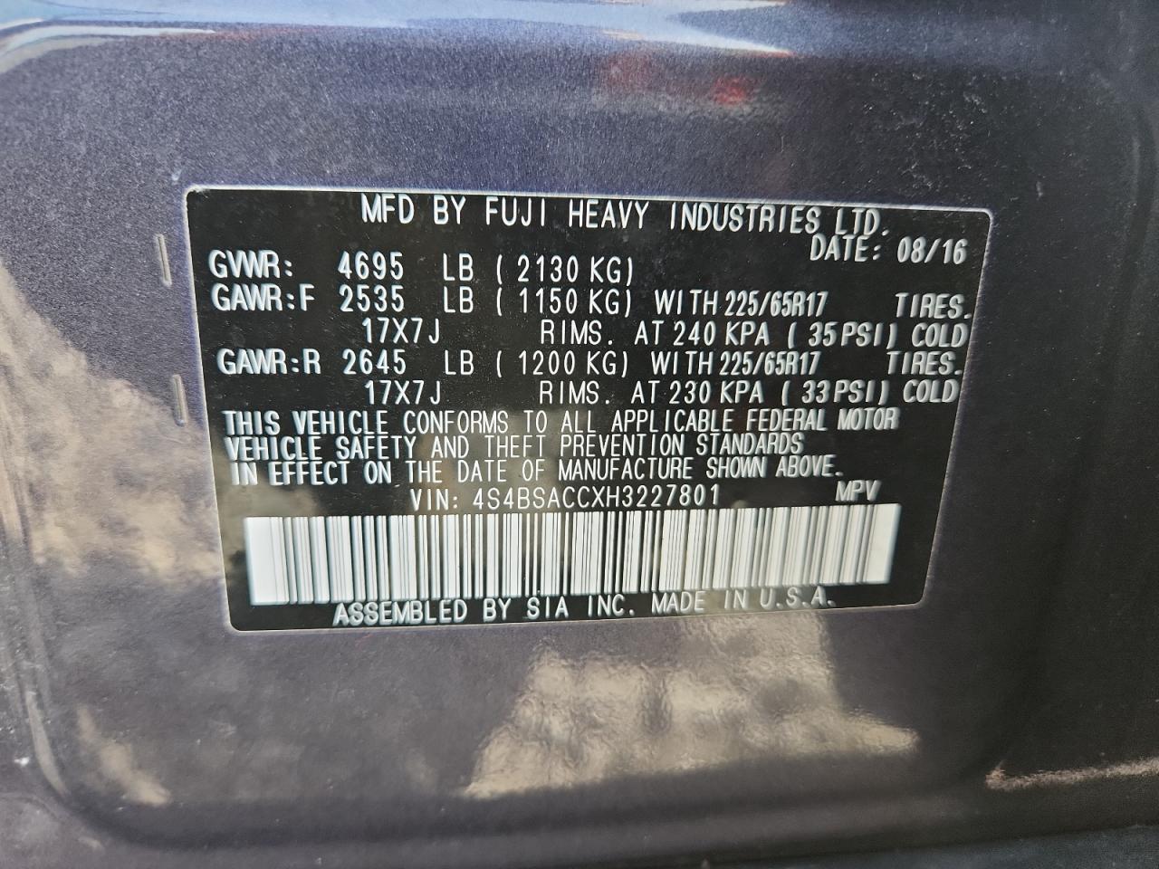 2017 Subaru Outback 2.5I Premium VIN: 4S4BSACCXH3227801 Lot: 80544985