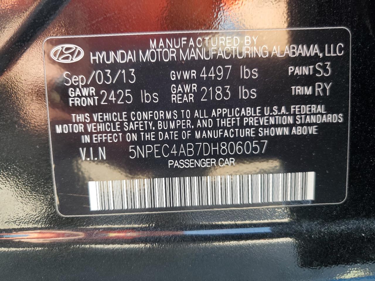 2013 Hyundai Sonata Se VIN: 5NPEC4AB7DH806057 Lot: 80901325