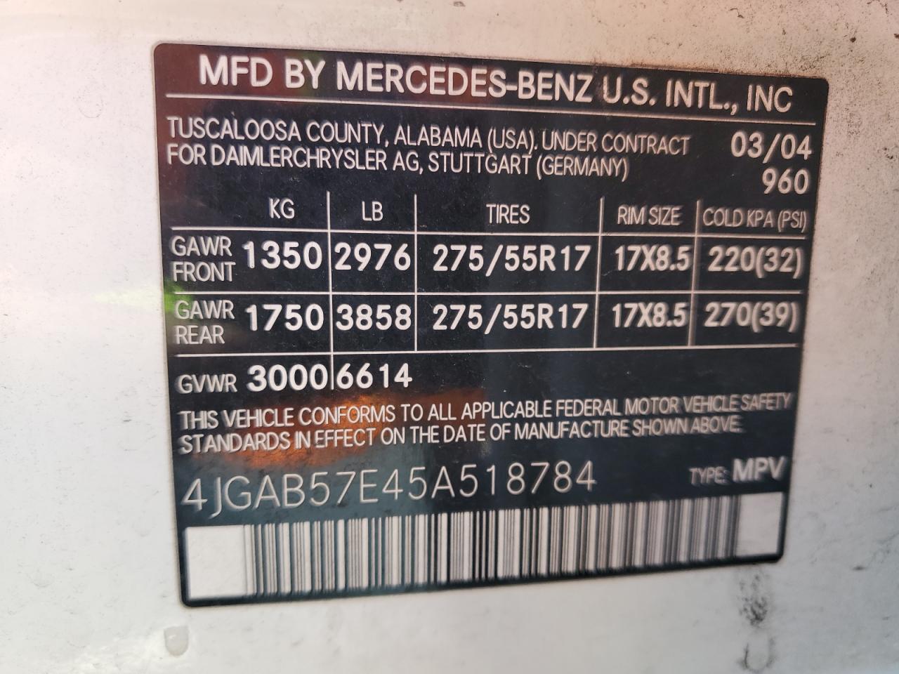 2005 Mercedes-Benz Ml 350 VIN: 4JGAB57E45A518784 Lot: 70416715