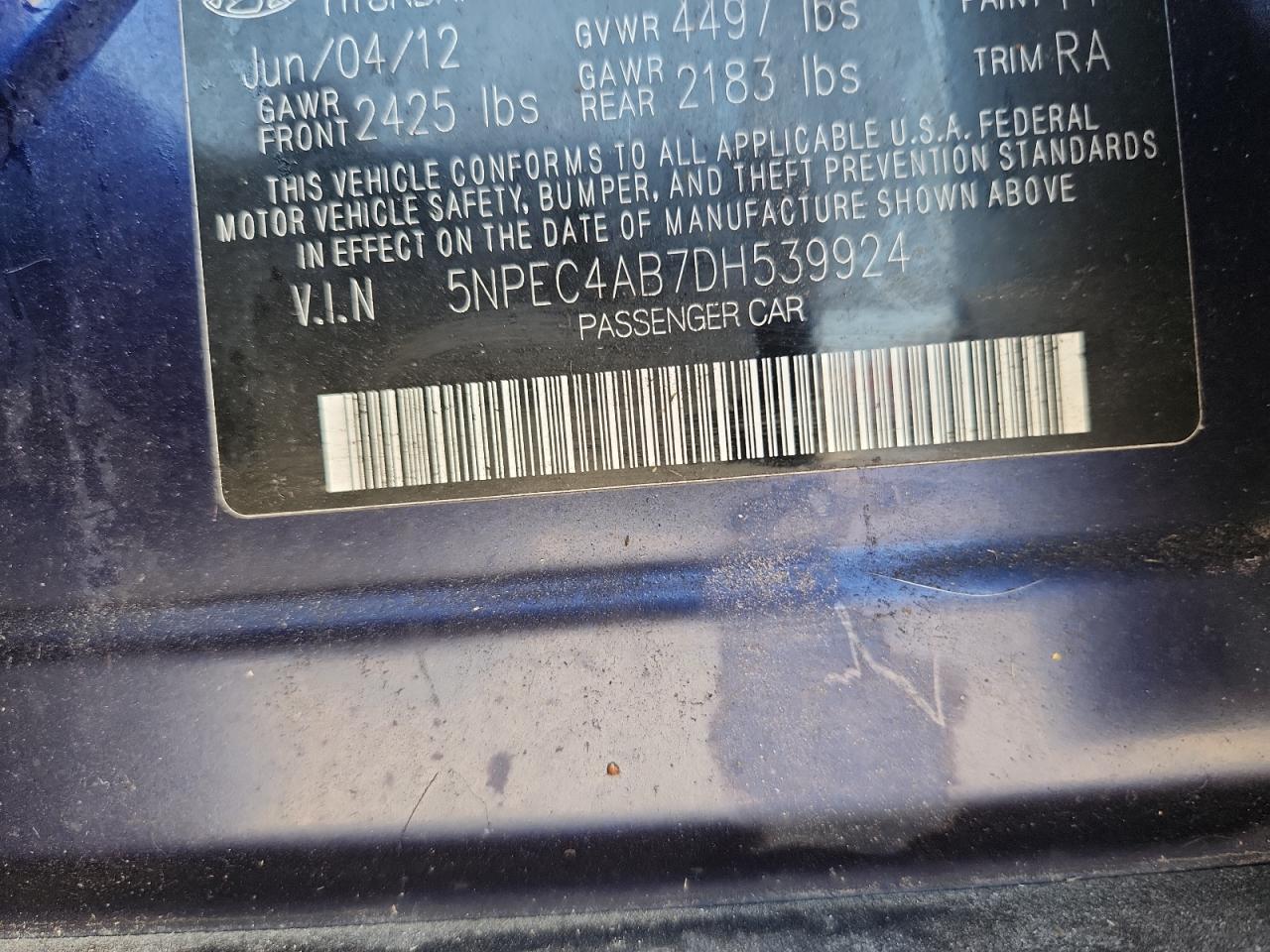 2013 Hyundai Sonata Se VIN: 5NPEC4AB7DH539924 Lot: 80906435