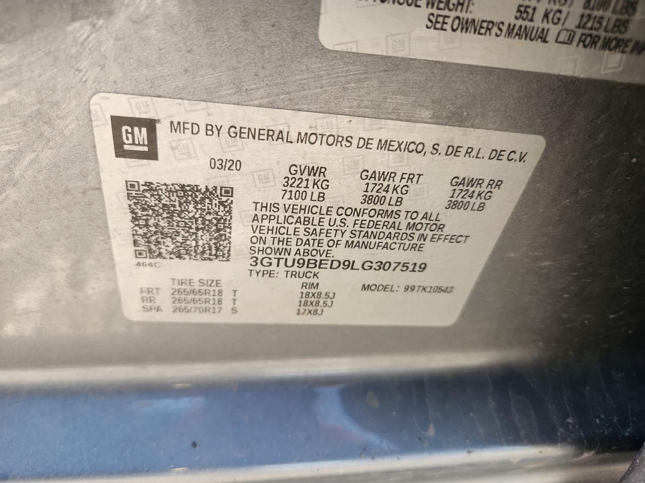 2020 GMC Sierra K1500 Sle VIN: 3GTU9BED9LG307519 Lot: 80664235