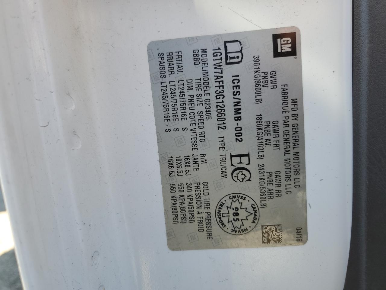 2016 GMC Savana G2500 VIN: 1GTW7AFF3G1266012 Lot: 80582585