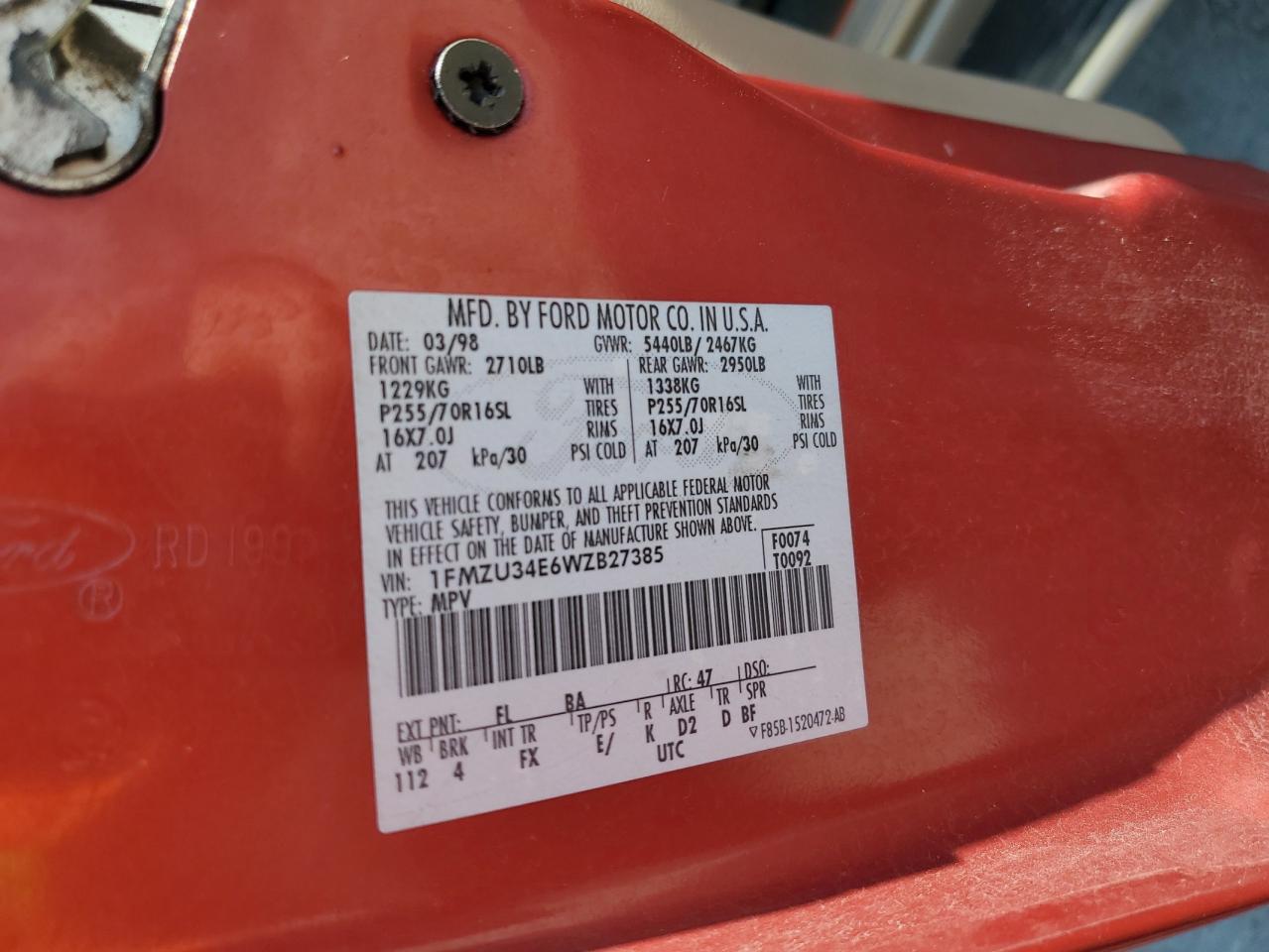 1998 Ford Explorer VIN: 1FMZU34E6WZB27385 Lot: 80451415