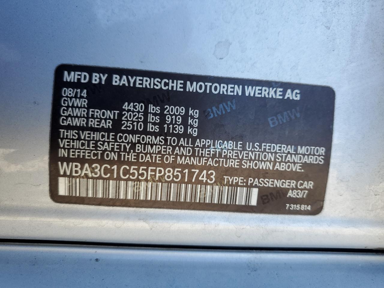 2015 BMW 328 I Sulev VIN: WBA3C1C55FP851743 Lot: 80019625
