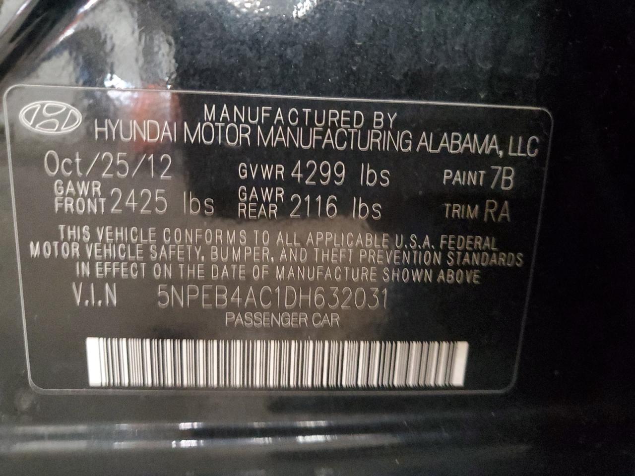 2013 Hyundai Sonata Gls VIN: 5NPEB4AC1DH632031 Lot: 80564575