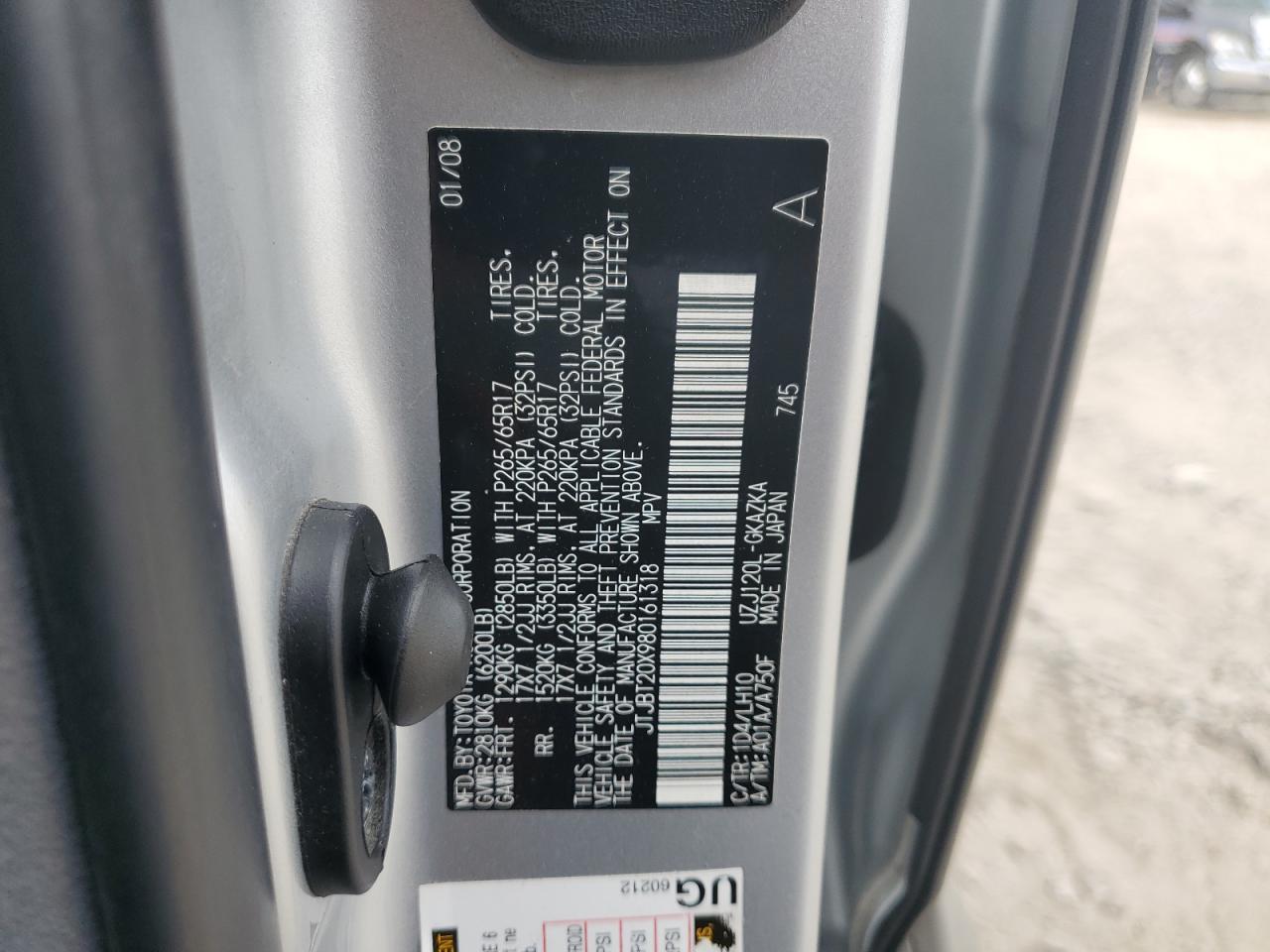 2008 Lexus Gx 470 VIN: JTJBT20X980161318 Lot: 70889015