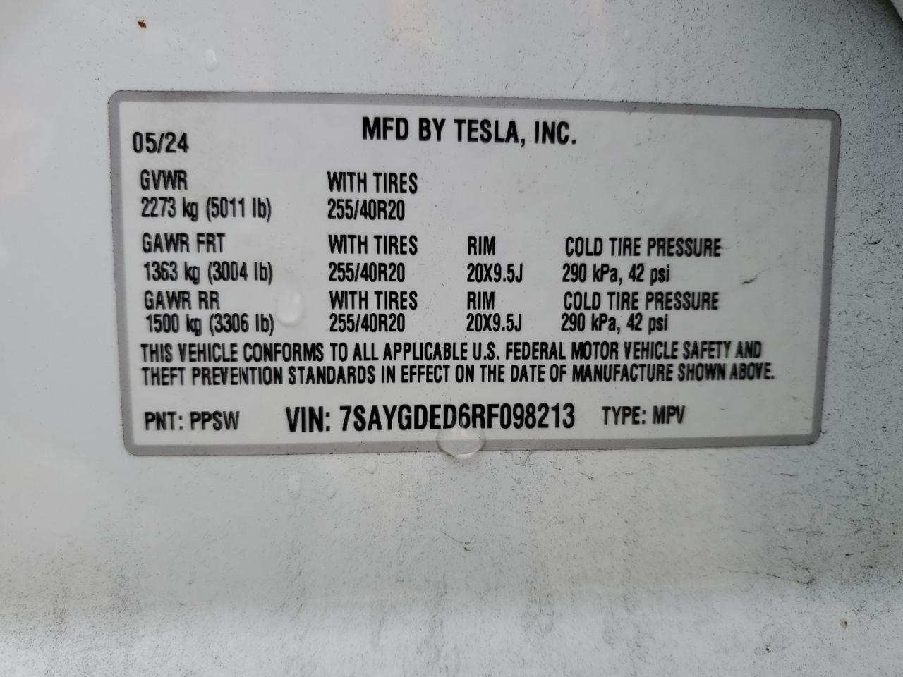 2024 Tesla Model Y VIN: 7SAYGDED6RF098213 Lot: 84432265