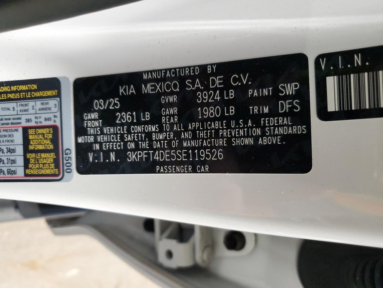 2025 Kia K4 Lx VIN: 3KPFT4DE5SE119526 Lot: 84209915