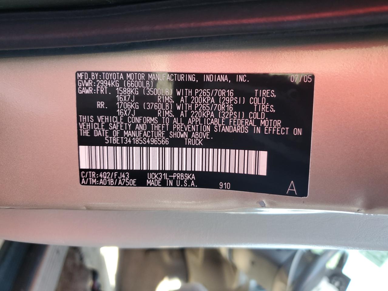 2005 Toyota Tundra Double Cab Sr5 VIN: 5TBET34185S496566 Lot: 81779275