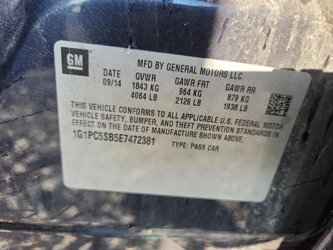 2014 Chevrolet Cruze Lt VIN: 1G1PC5SB5E7472381 Lot: 80911165