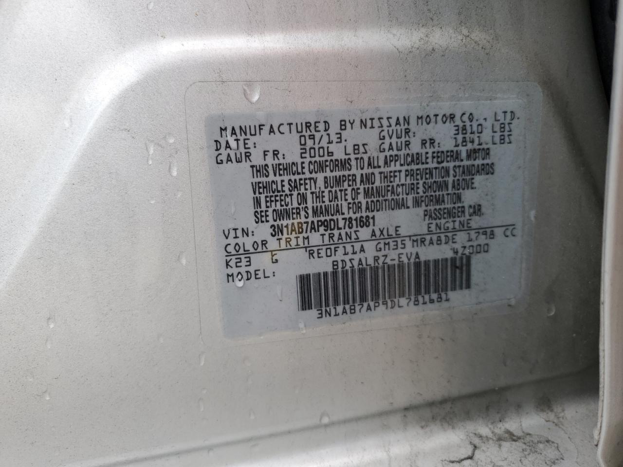 2013 Nissan Sentra S VIN: 3N1AB7AP9DL781681 Lot: 83991615