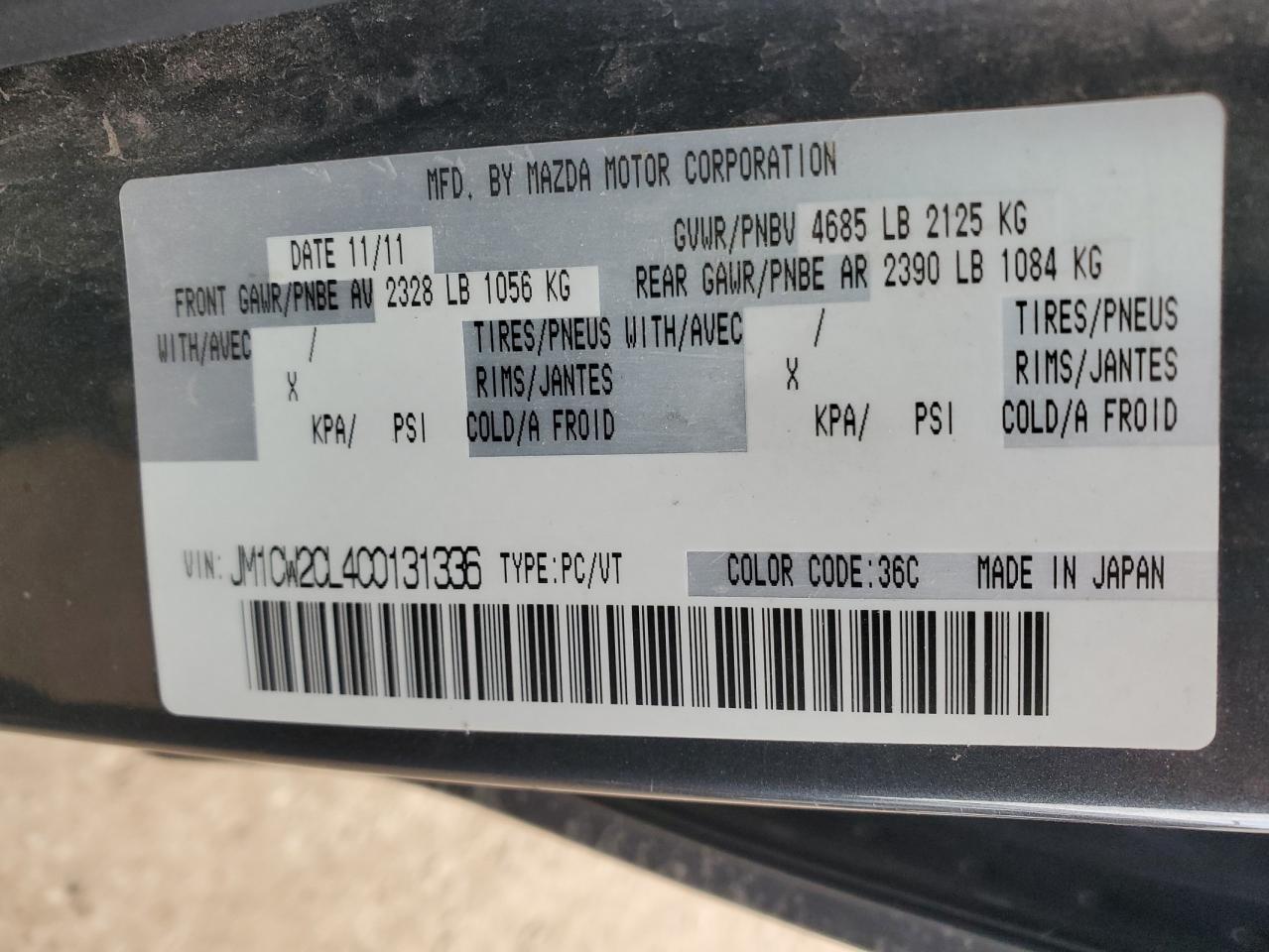 2012 Mazda 5 VIN: JM1CW2CL4C0131336 Lot: 72020185