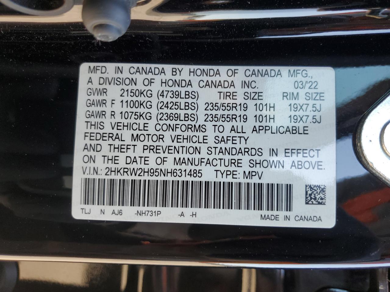 2022 Honda Cr-V Touring VIN: 2HKRW2H95NH631485 Lot: 80407695