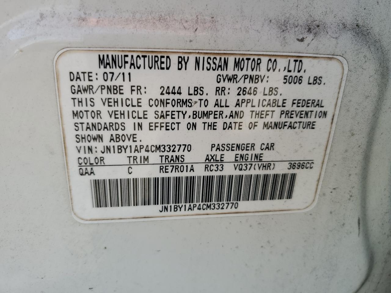 2012 Infiniti M37 VIN: JN1BY1AP4CM332770 Lot: 81696655