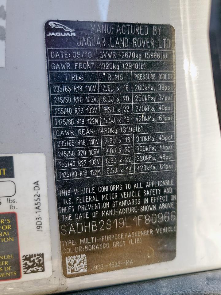 2020 Jaguar I-Pace S VIN: SADHB2S19L1F80966 Lot: 81696355