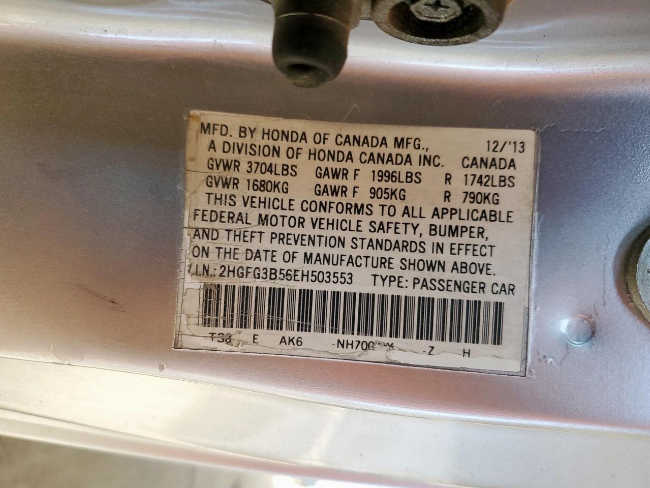 2014 Honda Civic Lx VIN: 2HGFG3B56EH503553 Lot: 81841135