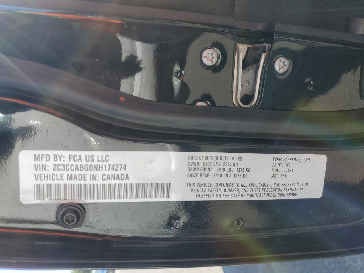 2022 Chrysler 300 S VIN: 2C3CCABG0NH174274 Lot: 70018055