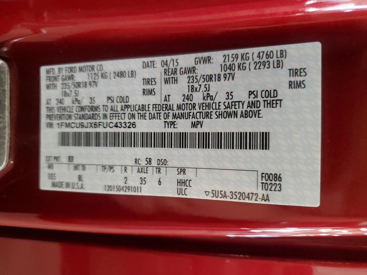 2015 Ford Escape Titanium VIN: 1FMCU9JX6FUC43326 Lot: 83958715