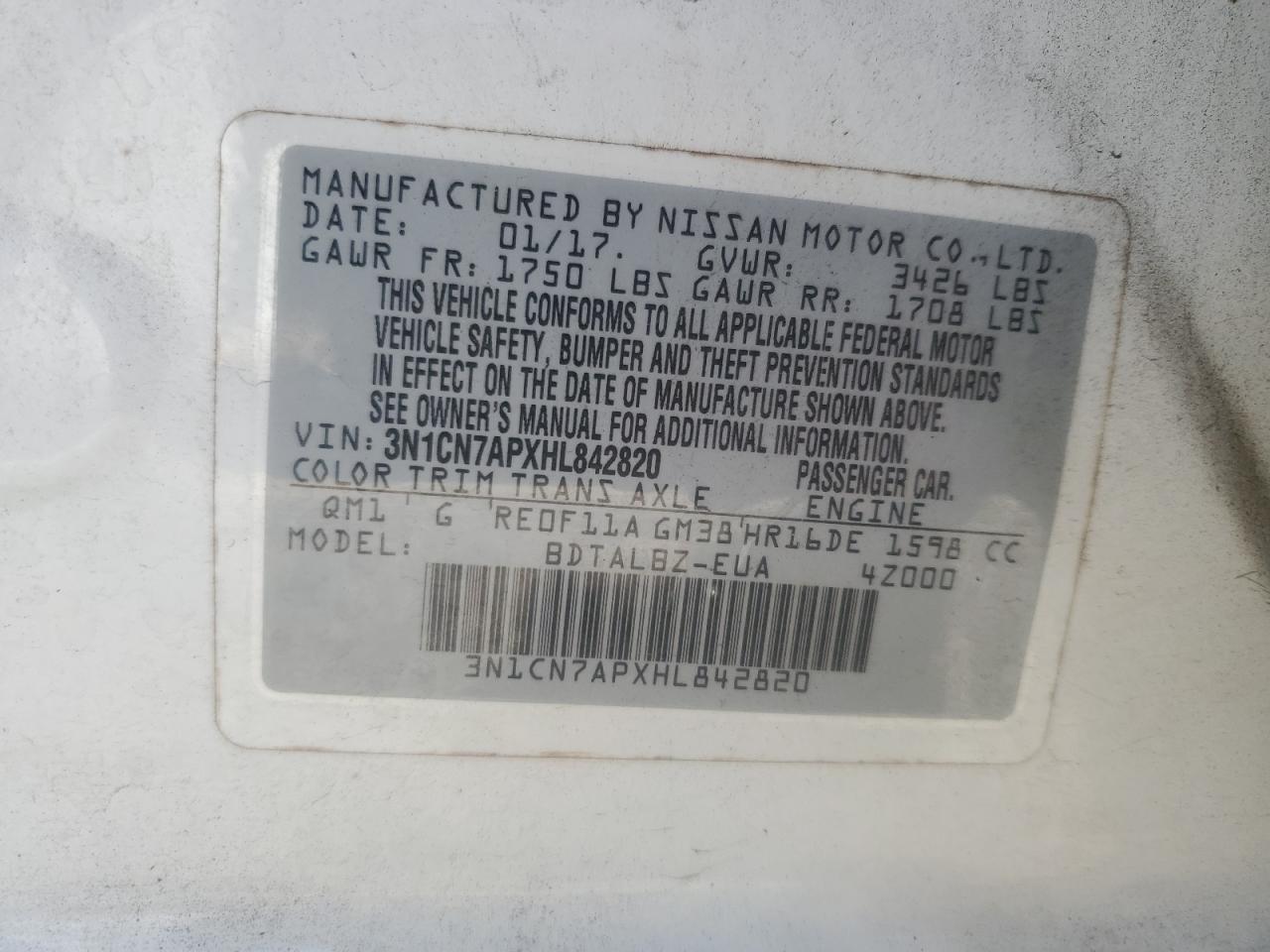 2017 Nissan Versa S VIN: 3N1CN7APXHL842820 Lot: 81447925