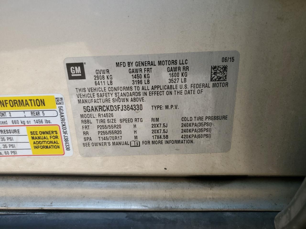 2015 Buick Enclave VIN: 5GAKRCKD3FJ384330 Lot: 82120035