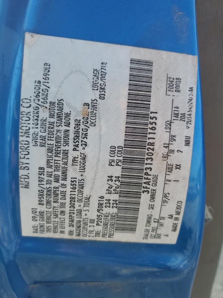 2002 Ford Focus Zx3 VIN: 3FAFP31302R116551 Lot: 84774495