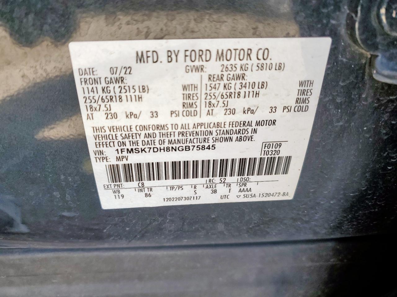 2022 Ford Explorer Xlt VIN: 1FMSK7DH8NGB75845 Lot: 81787915