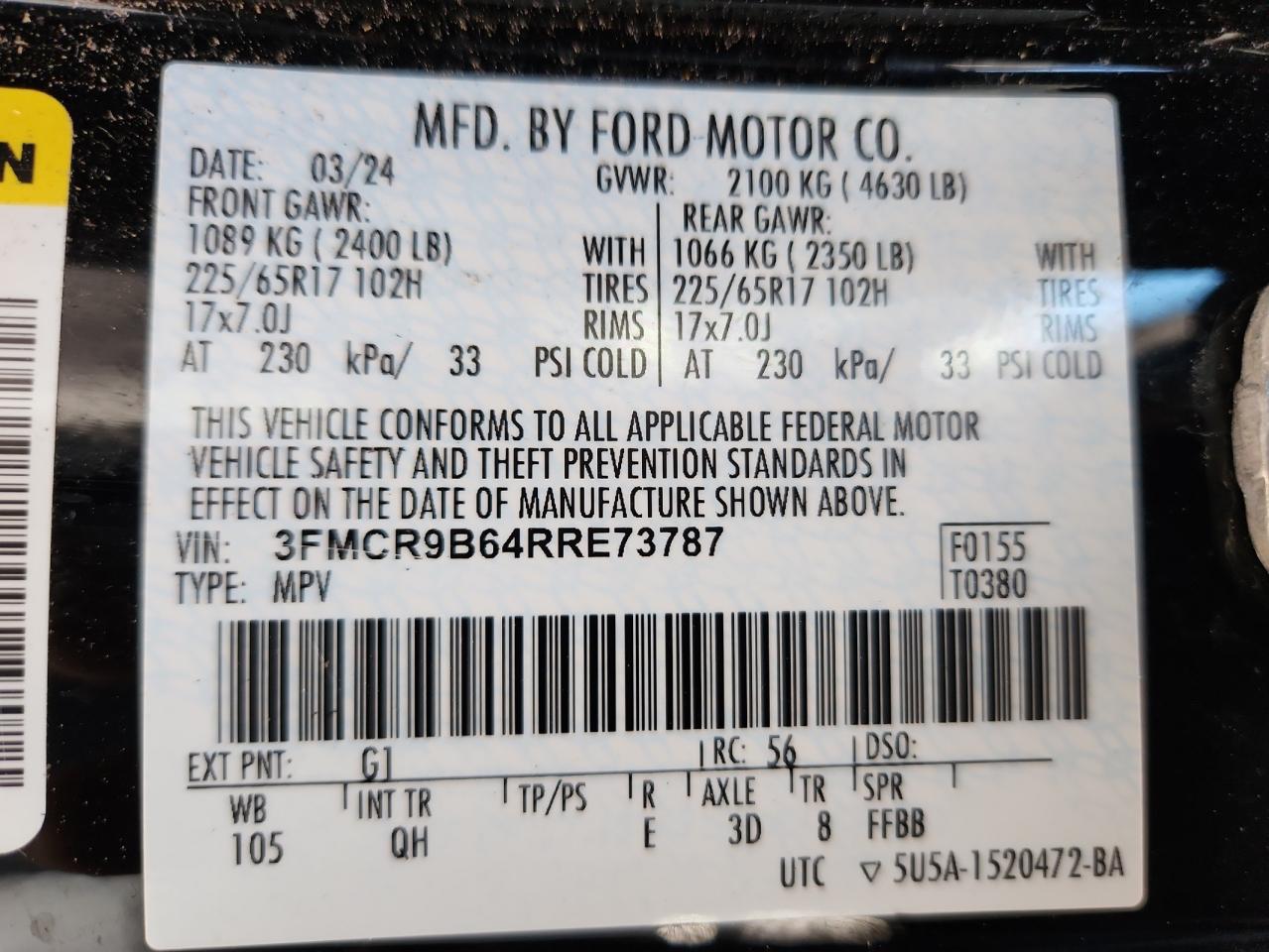 2024 Ford Bronco Sport Big Bend VIN: 3FMCR9B64RRE73787 Lot: 71653225