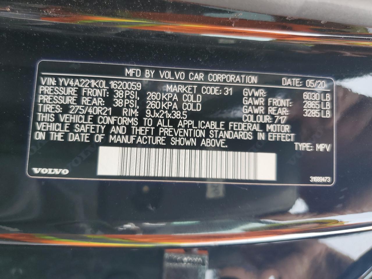 2020 Volvo Xc90 T6 Momentum VIN: YV4A221K0L1620059 Lot: 84627685