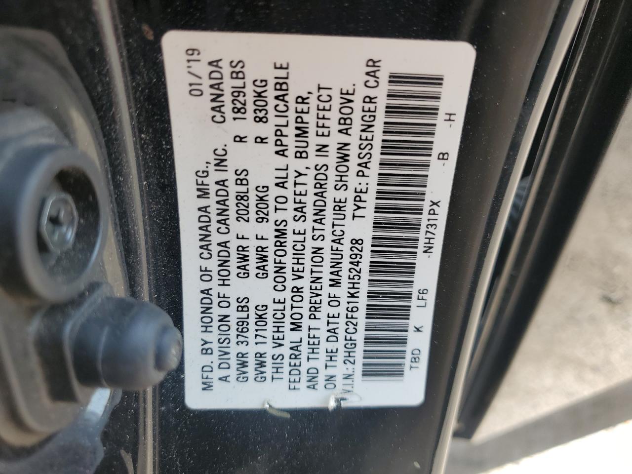 2019 Honda Civic Lx VIN: 2HGFC2F61KH524928 Lot: 81023665