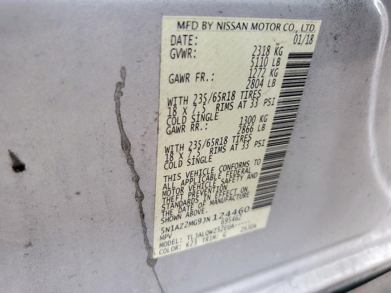 2018 Nissan Murano S VIN: 5N1AZ2MG9JN124460 Lot: 80818485