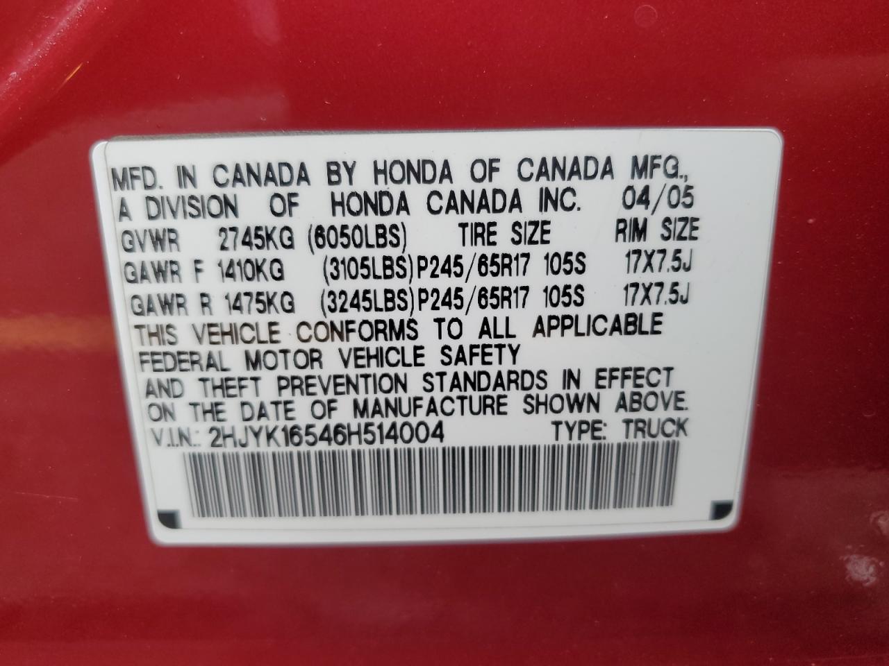 2006 Honda Ridgeline Rtl VIN: 2HJYK16546H514004 Lot: 81148625