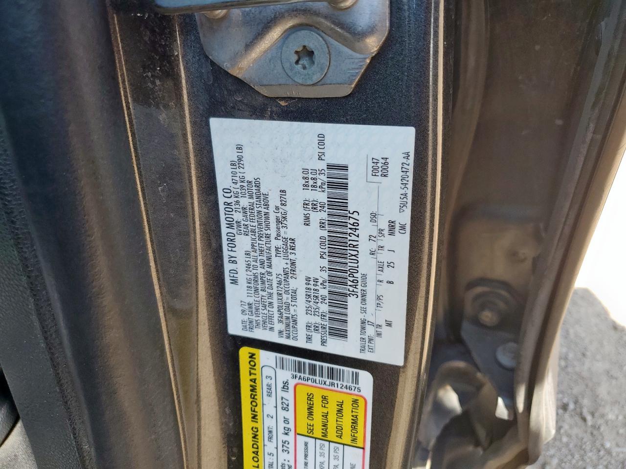 2018 Ford Fusion Se Hybrid VIN: 3FA6P0LUXJR124675 Lot: 71446885